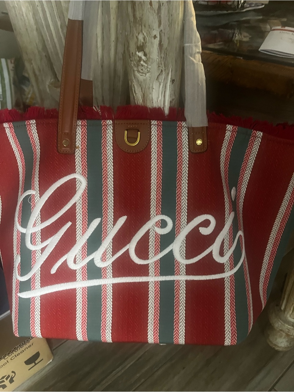 Huge Gucci style beach bag Red White and Green Striped Canvas Tote - Picture 10 of 10